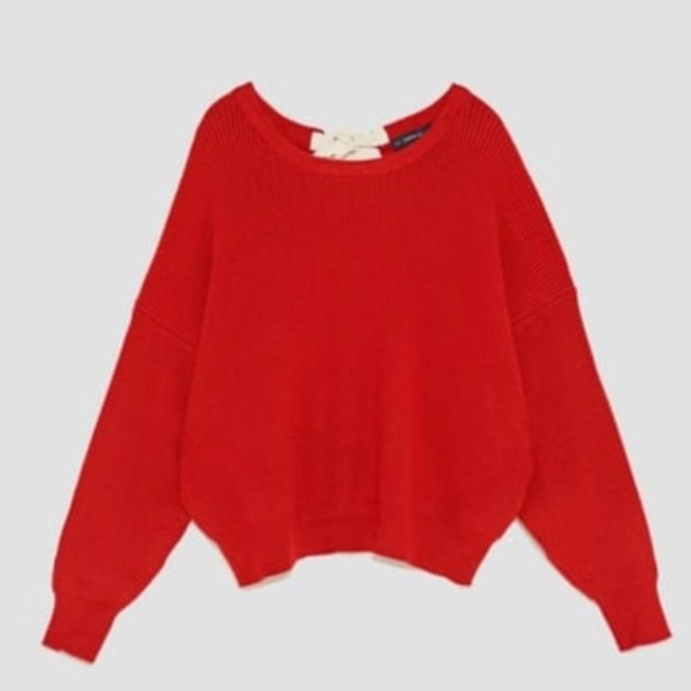 ZARA CROPPED SWEATER WITH TIE IN BACK - RED